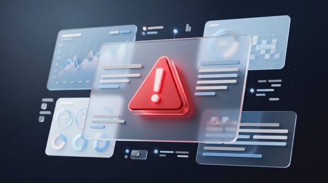Futuristic dashboard interface with red warning alert icon glassmorphism