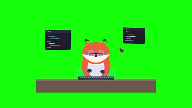 Animated Fox Developer Coding on Green Screen