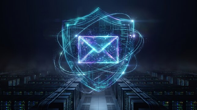 Cybersecurity email protection concept featuring glowing digital envelope inside a secure shield over server room infrastructure