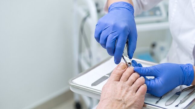 Podiatrist Performing Medical Toenail Treatment Above Sterile Instrument Tray