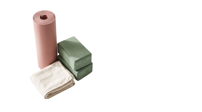 Minimalist yoga equipment set, pink rolled exercise mat with green foam blocks and white towel, fitness accessories for pilates and meditation isolated PNG with Transparent Background