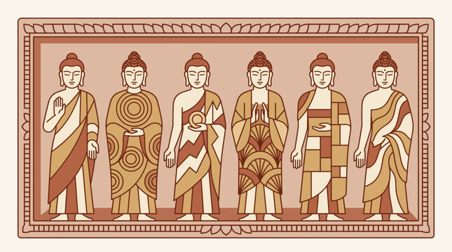 Row of standing buddha statues with geometric robe patterns