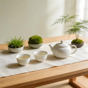 White ceramic teapot with two cups and potted plants on wooden table