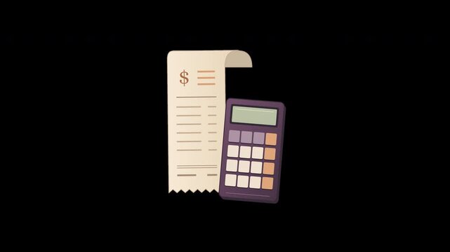 A curled itemized receipt and a detailed calculator animate together in an eight second transparent accounting loop.