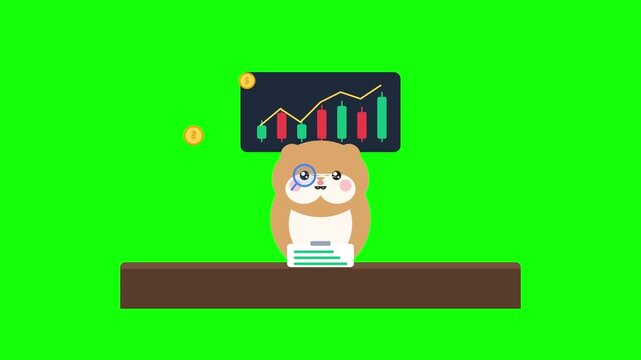 Cute Cartoon Hamster Analyzing Financial Stock Market Data