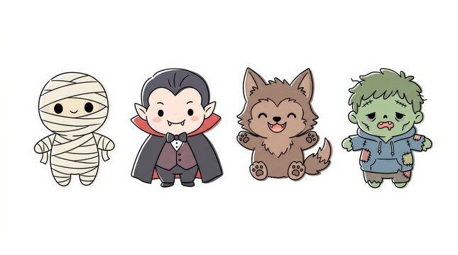 Cute mummy vampire werewolf and frankenstein standing in a row