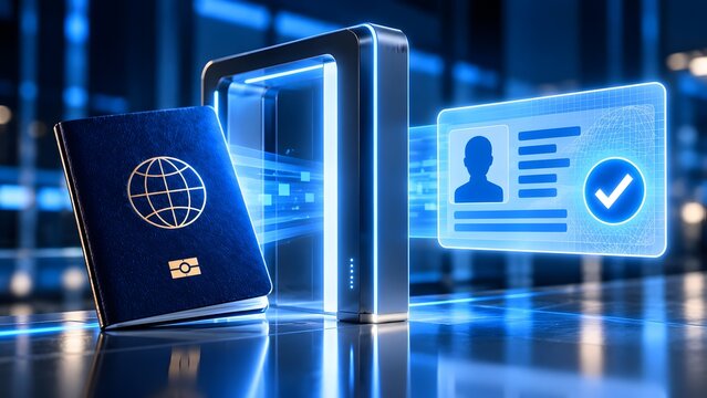 Futuristic Biometric Passport Control and Digital Identity Verification at Airport Terminal with Holographic ID Scanning Interface for Secure Border Crossings and Advanced Travel Technology