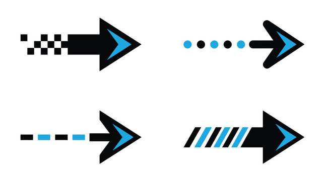Futuristic digital vector arrow graphic collection featuring modern minimalist blue and black pointing symbols