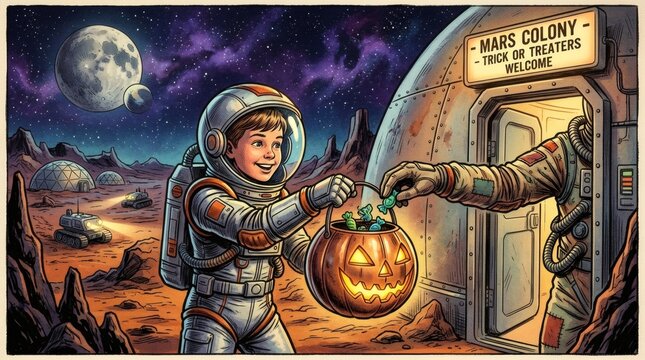 Child Astronaut Trick-or-Treating on Mars with Pumpkin Bucket