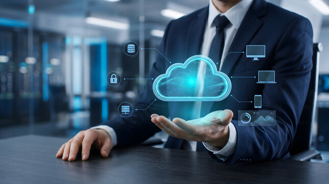 Businessman holding a glowing digital cloud icon representing cloud computing and data storage technology