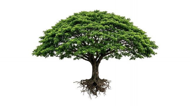 Huge Rain Tree with Extensive Roots and Vibrant Green Leaves Isolated on White Background for Ecological Concepts