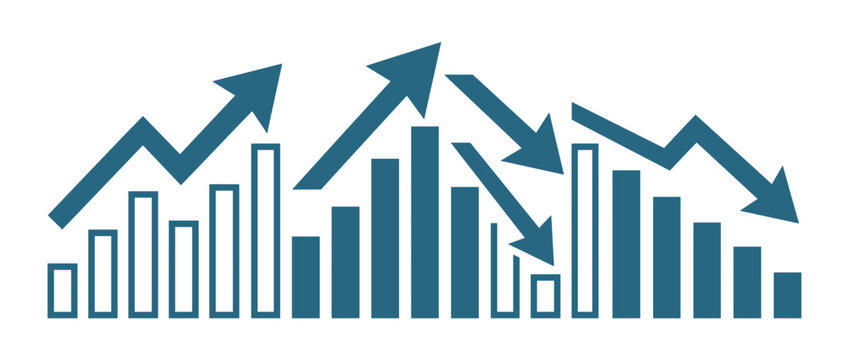 Financial growth charts with upward and downward arrows. Business performance metrics illustration. Bar graphs, line charts, upward trends, downward trends. Vector illustration.