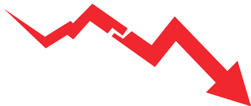 Downward stock market trend arrow. Financial decline indicator graphic. Bearish market symbol. Vector illustration.