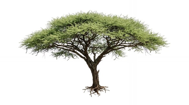 Isolated Green Acacia Tree with Visible Roots and Wide Canopy over Plain White Background for Landscape Design