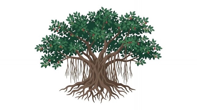 Ancient Banyan Tree with Complex Aerial Roots and Lush Green Foliage Isolated on Plain White Background