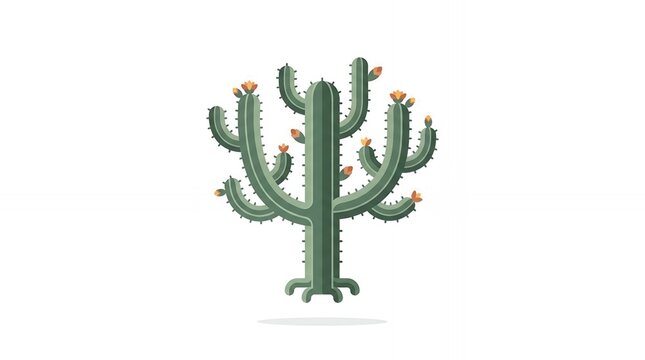 Stylized Green Desert Cactus with Blooming Orange Flowers and Sharp Spines Isolated on White Background