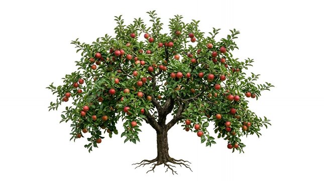 Lush Apple Tree Full of Ripe Red Fruits and Green Leaves Isolated on Pure White Background for Design