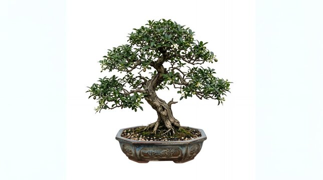 Elegant Miniature Bonsai Tree with Twisted Trunk and Tiny Green Leaves in a Ceramic Pot Isolated on White Backdrop