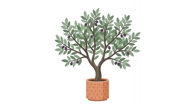 Potted Olive Tree with Lush Green Leaves and Ripe Black Olives in Clay Pot Isolated on Solid White Background.