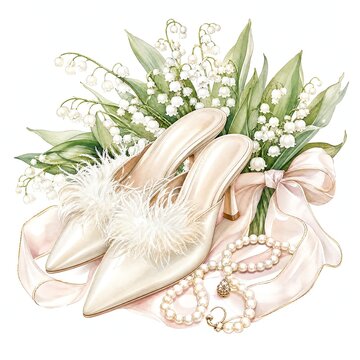 Ivory Satin Bridal Mules With Feather Trim Pearls And Lilies