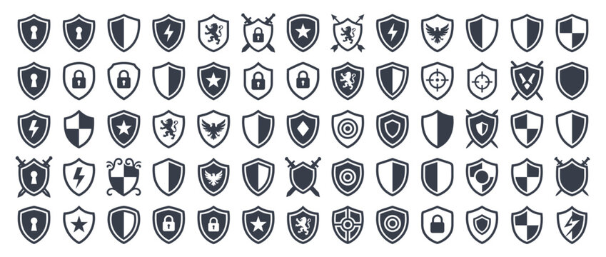 Medieval heraldic shields with crests and emblems. Coat of arms designs for historical and fantasy themes. Eagle, Lion, Crown, Shield, Helmet, Sword, Bear, Castle, Dragon, Wolf, Unicorn, Rose, Cross,.