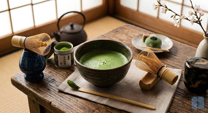 raditional Japanese Matcha Tea Ceremony Set with Bamboo Whisk and Mochi" atau "Frothy Green Matcha Tea in Ceramic Bowl on Wooden Table