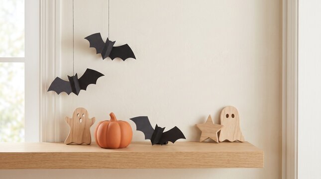 A simple Halloween shelf display with handmade paper bats, a small matte pumpkin, natural wooden ornaments and generous empty space, soft daylight, neutral background, clean commercial product phot