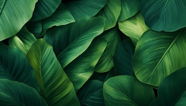 Abstract Tropical Green Leaf Texture with Overlapping Foliage, Emerald and Jade Tones, Detailed Veins, Natural Highlights and Soft Shadows for a Lush Botanical Background