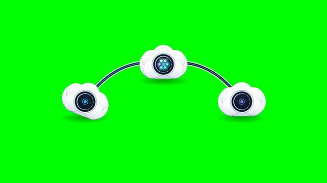 Three Interconnected Cloud Computing Capsules Isolated on Chroma Key Green Screen Perfect for Cloud Storage Videos and Data Network Motion Graphics