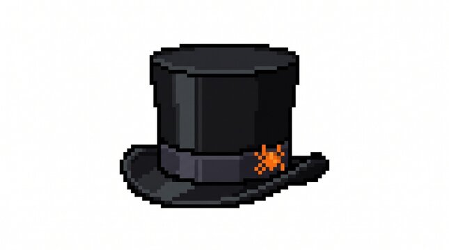 Pixel art black top hat with orange spider decoration on a white background