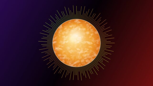 Glowing bright orange sun with radiating light rays spinning against dark purple and red gradient background