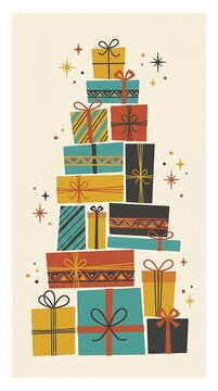 Vintage Christmas tree stack of gift boxes, retro holiday presents illustration, mid-century modern winter greeting