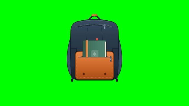 Dark Blue School Backpack with Notebook Isolated on Chroma Key Green Screen Perfect for Back to School Videos and Educational Motion Graphics