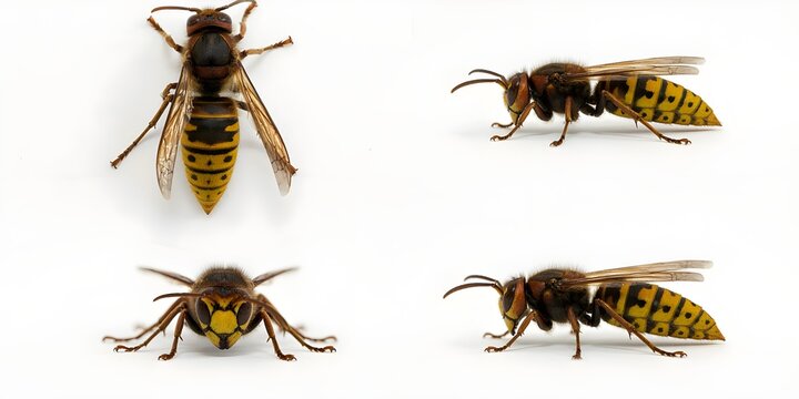 Yellow jacket wasps and hornets with striped bodies and stingers, dangerous insect group isolated on white background, macro nature wildlife photo
