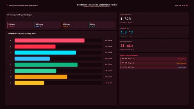 Blood Bank Transfusion Crossmatch Tracker Dashboard UI Screen with ABO Inventory Matrix 4K Loop on Dark Red Background