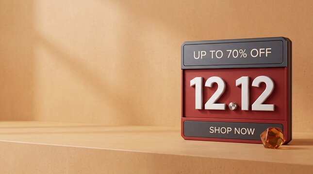 3D Rendering of 12.12 Shopping Sale Promotion Sign with Up to 70 Percent Discount and Shop Now Button on a Minimalist Beige Background with Wide Negative Space on the Left for Marketing Design