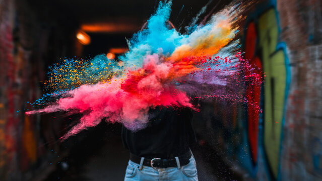 Person standing in an urban alleyway throwing a burst of colorful powder in a vibrant creative explosion