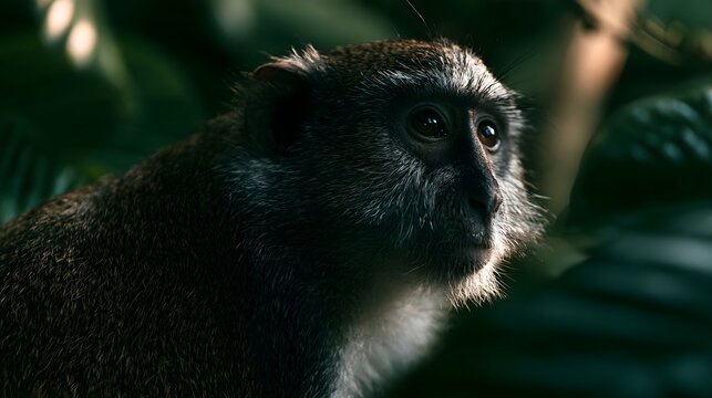 A close up of a monkey with dark fur and light facial hair  gazing attentively in a lush green forest environment