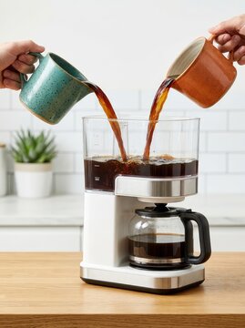 Two ceramic mugs pour dark roasted coffee simultaneously into the water reservoir of an automatic countertop brewing machine. Freshly prepared beverage, kitchen, brewing, stream