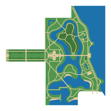 Aerial top view vector illustration of a city park landscape design featuring green meadows, winding walking paths, a large blue lagoon, and a central museum building for urban planning.