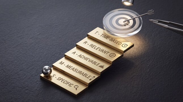 Conceptual high angle view of golden steps representing SMART goals methodology leading to a glass bullseye target with a dart, symbolizing business success, strategic planning and precision.