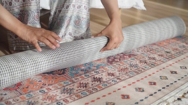 Rolling a patterned rug across the floor by hand during the day