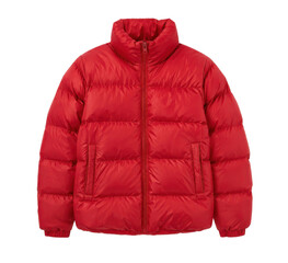 Bright red puffer jacket with a high collar and full zipper, photographed on a clean white background © no one