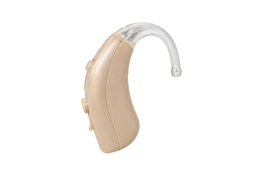 Beige behind-the-ear hearing aid with a clear ear hook is precisely isolated against a clean white background