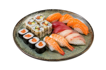 Assorted fresh sushi and maki rolls with salmon, tuna, shrimp, and avocado on a rustic plate, isolated on a white background © no one