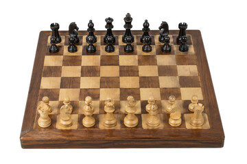 Classic wooden chess set with all pieces arranged on a chessboard, captured from an elevated perspective against a clean white background © no one