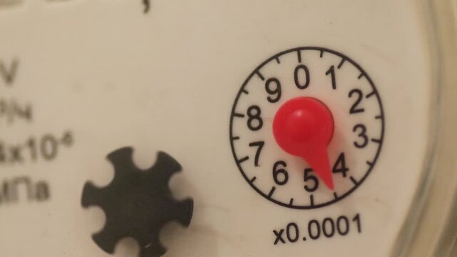 Close-up of a water meter dial with a moving red pointer. Macro shot of detailed resource consumption accounting