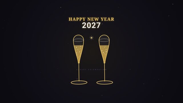 Elegant Happy New Year 2027 celebration animation with glowing golden champagne glasses and bubbles on a dark background