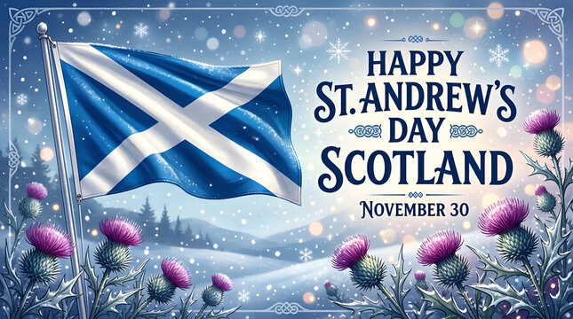  A festive greeting card for St. Andrew's Day featuring the Scottish saltire flag, purple thistles, and snowflake decorations on a soft winter bokeh background