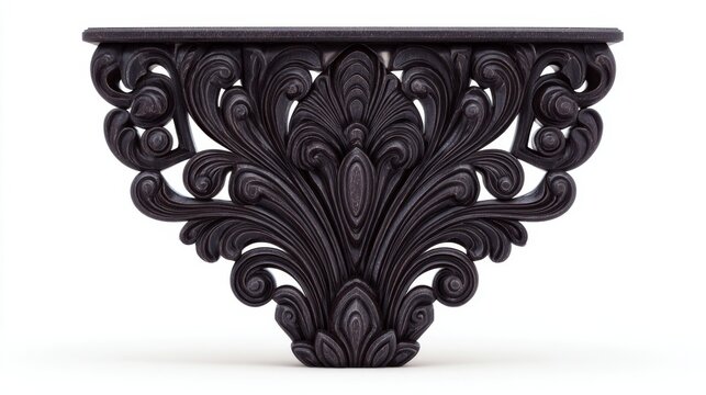 Ornate black carved wooden wall console shelf with intricate baroque swirl patterns, isolated on a plain white background.Interior design blogs, home decor e-commerce stores, vintage and gothic 
